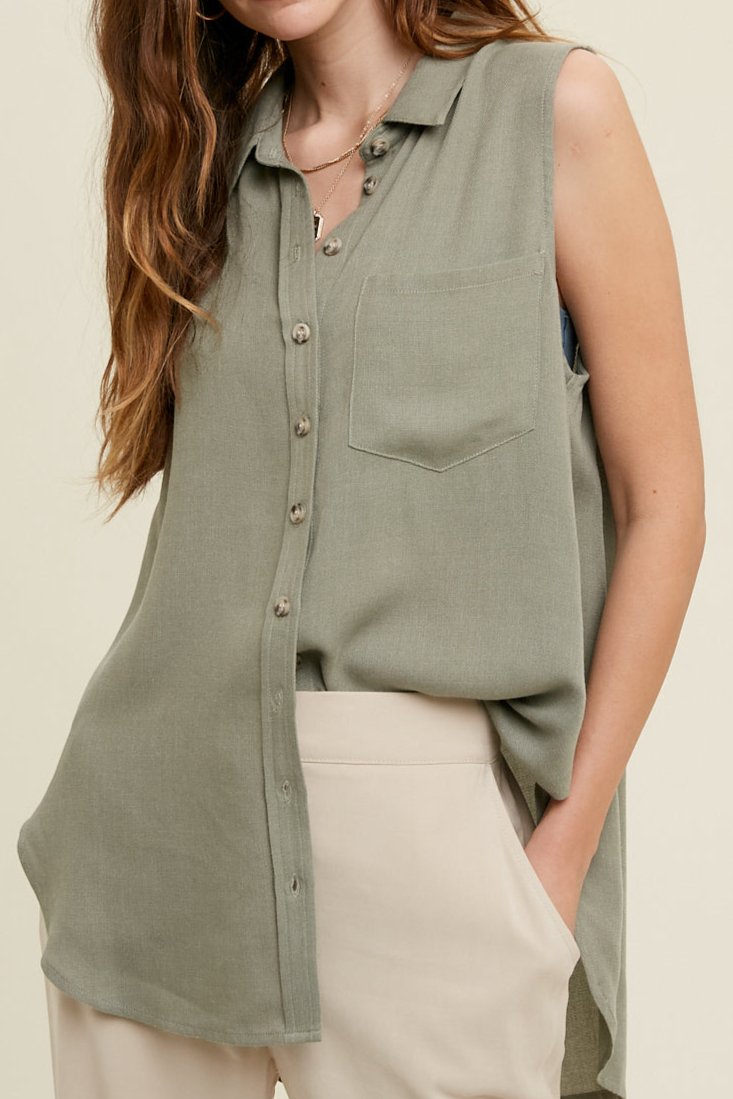 SLEEVELESS BUTTON-UP SHIRT WITH ONE POCKET | ASSORTED STYLES - MTT Collective