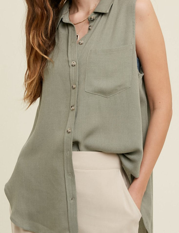 SLEEVELESS BUTTON-UP SHIRT WITH ONE POCKET | ASSORTED STYLES - MTT Collective