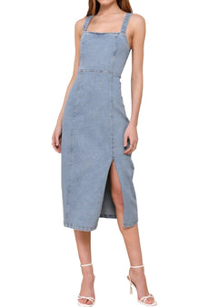 Trendy Inspiration Light Wash Lace-Up Denim Midi Dress