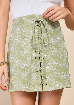 Aesthetic Icon Green Floral Embroidered Lace-Up Mini Skirt