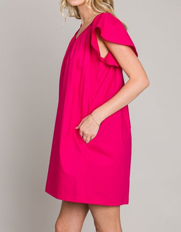 Light Poplin V-Neck Flutter Sleeve Dress - MTT Collective