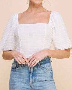 Jacquard Cropped Puff Sleeve Knit Top